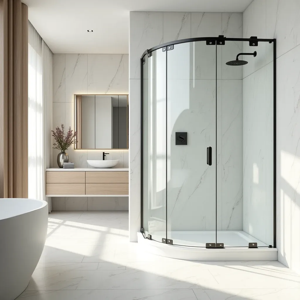 Moderne elegante Glasduschabtrennung in hellem, offenem Badezimmer